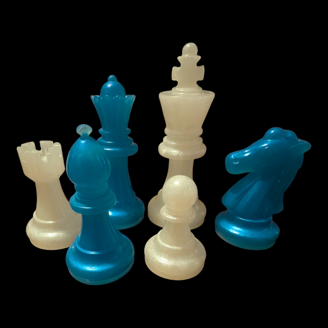 Blue resin and timber chess board