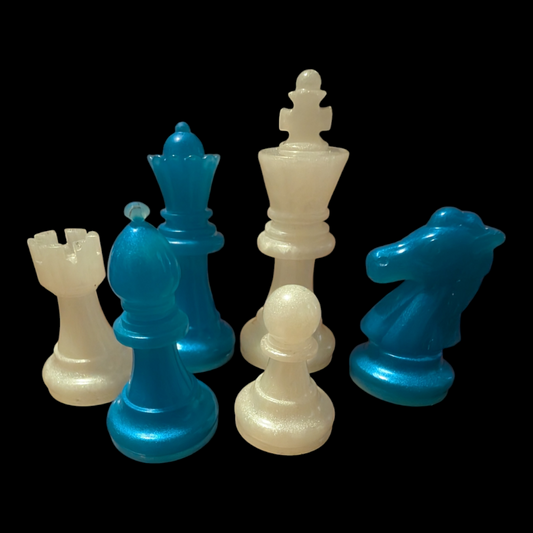 Blue resin and timber chess board